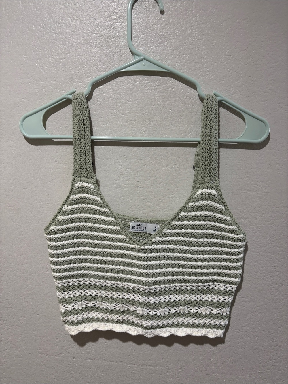 Hollister Cropped Striped Knit Camisole in Sage and Cream